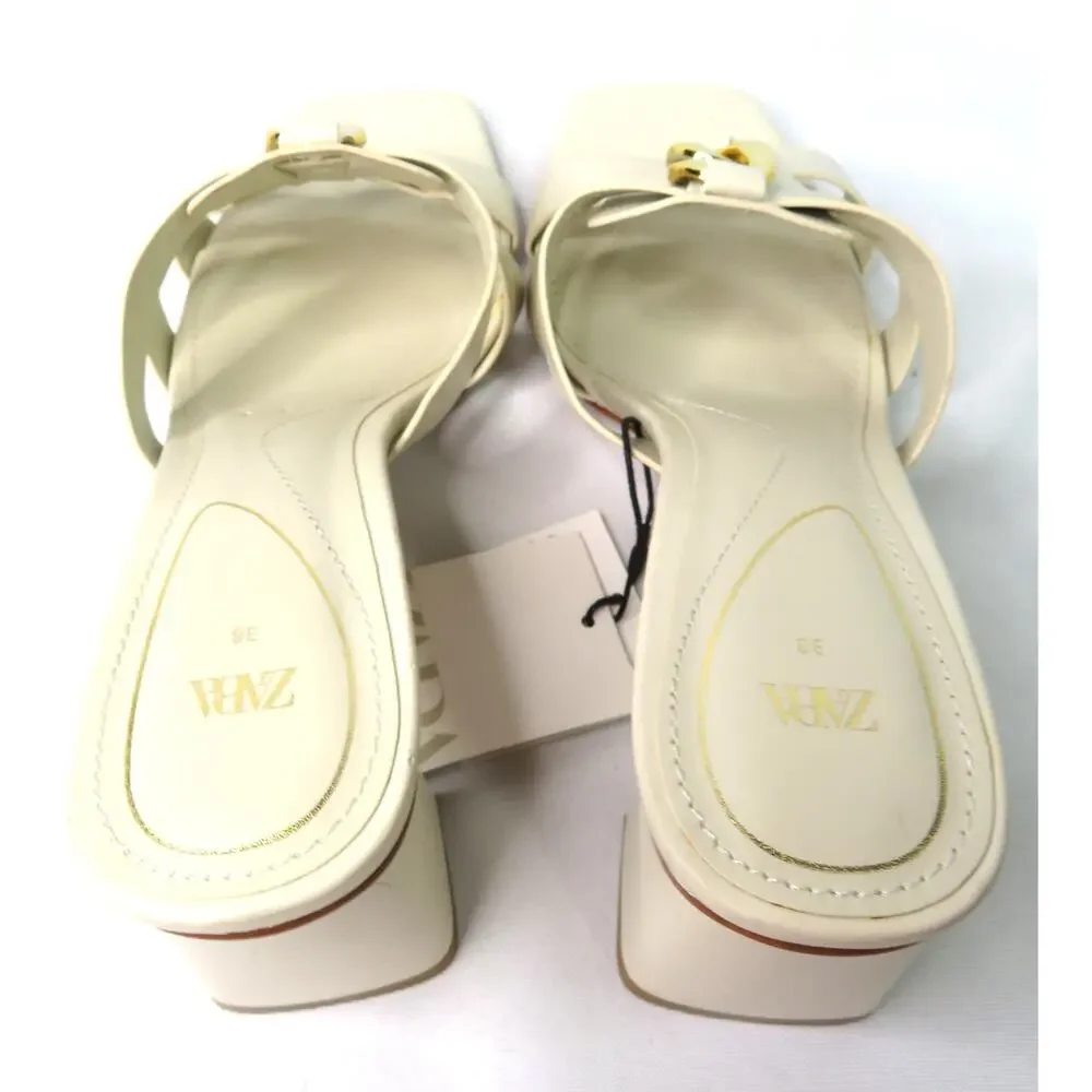 Nwt ZARA Cream Block Heeled Sandals w/ Gold Chain Detail Women 7.5 EU 38 - Picture 8 of 11